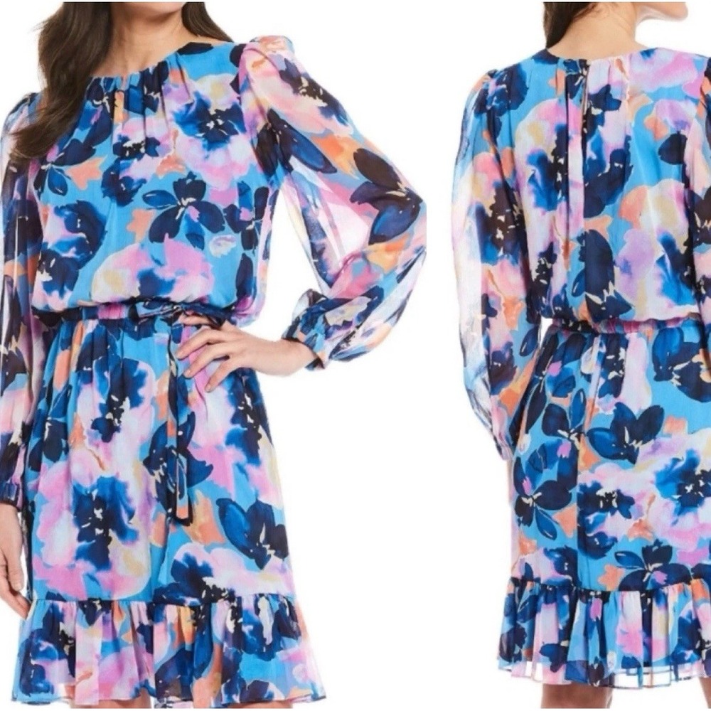 London Times Floral Print Vista Blue Tie Sleeve Women's Dress Size 2